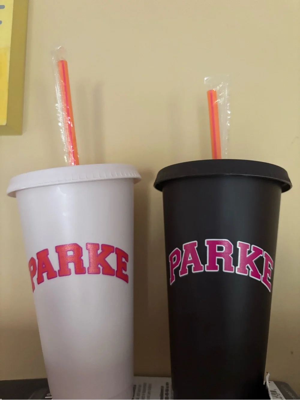 Parker Reusable Party Tumblers in White and Black with Pink Lettering